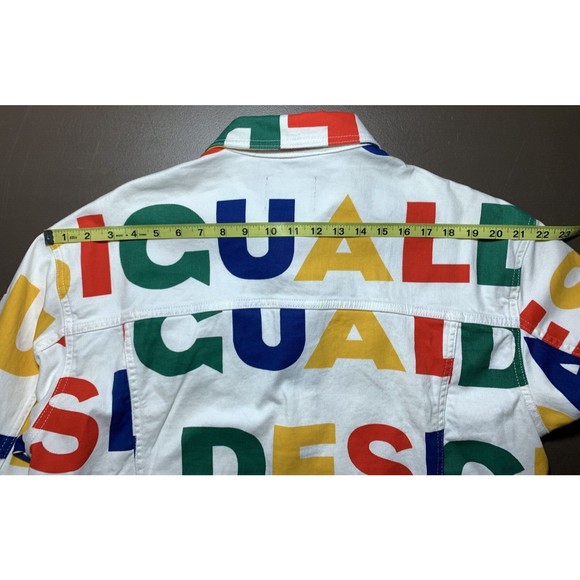Desigual Multicolor Logo Print White Denim Jean Jacket L Graphic Button Front - Picture 9 of 16